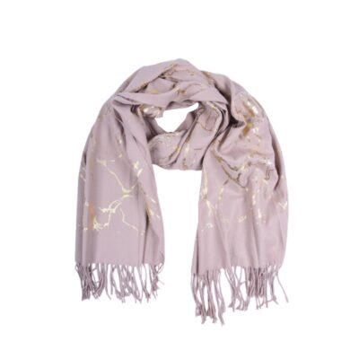 Szarobeżowy Szalik Damski Złoty Wzór – Wełna Wiskoza