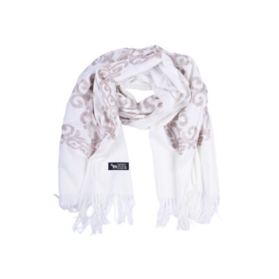 Szalik kaszmirowo-wełniany biały ornament barokowy z frędzlami