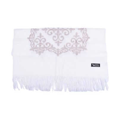 Szalik kaszmirowo-wełniany biały ornament barokowy z frędzlami